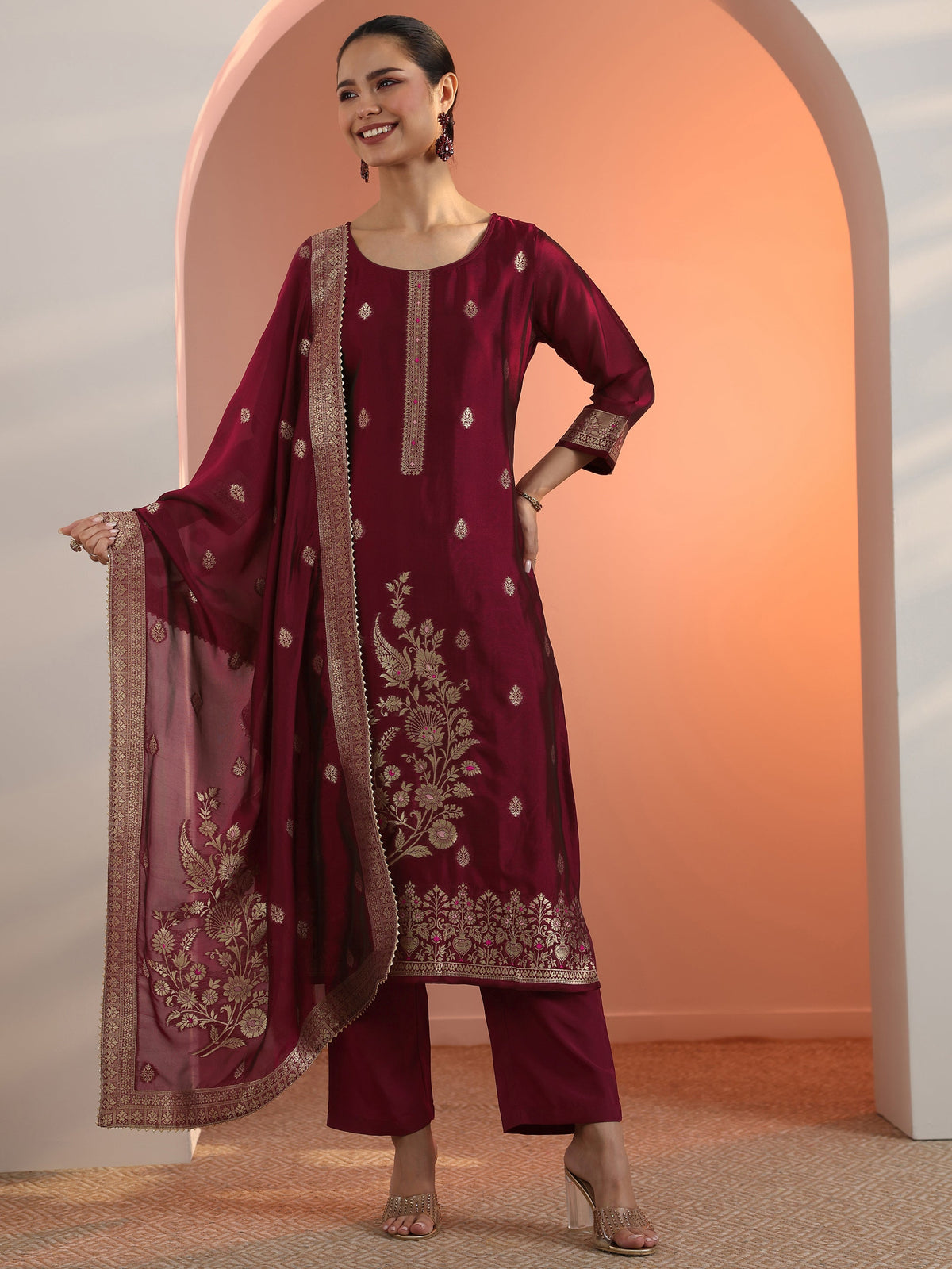 Libas Maroon Woven Design Silk Blend Straight Suit Set With Dupatta