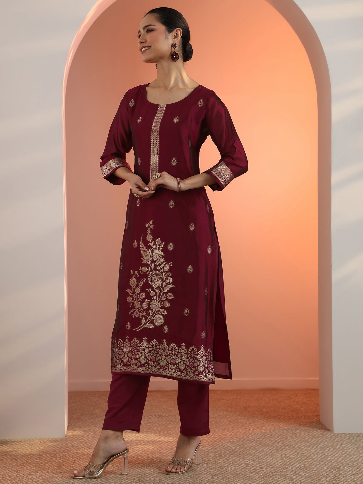 Libas Maroon Woven Design Silk Blend Straight Suit Set With Dupatta
