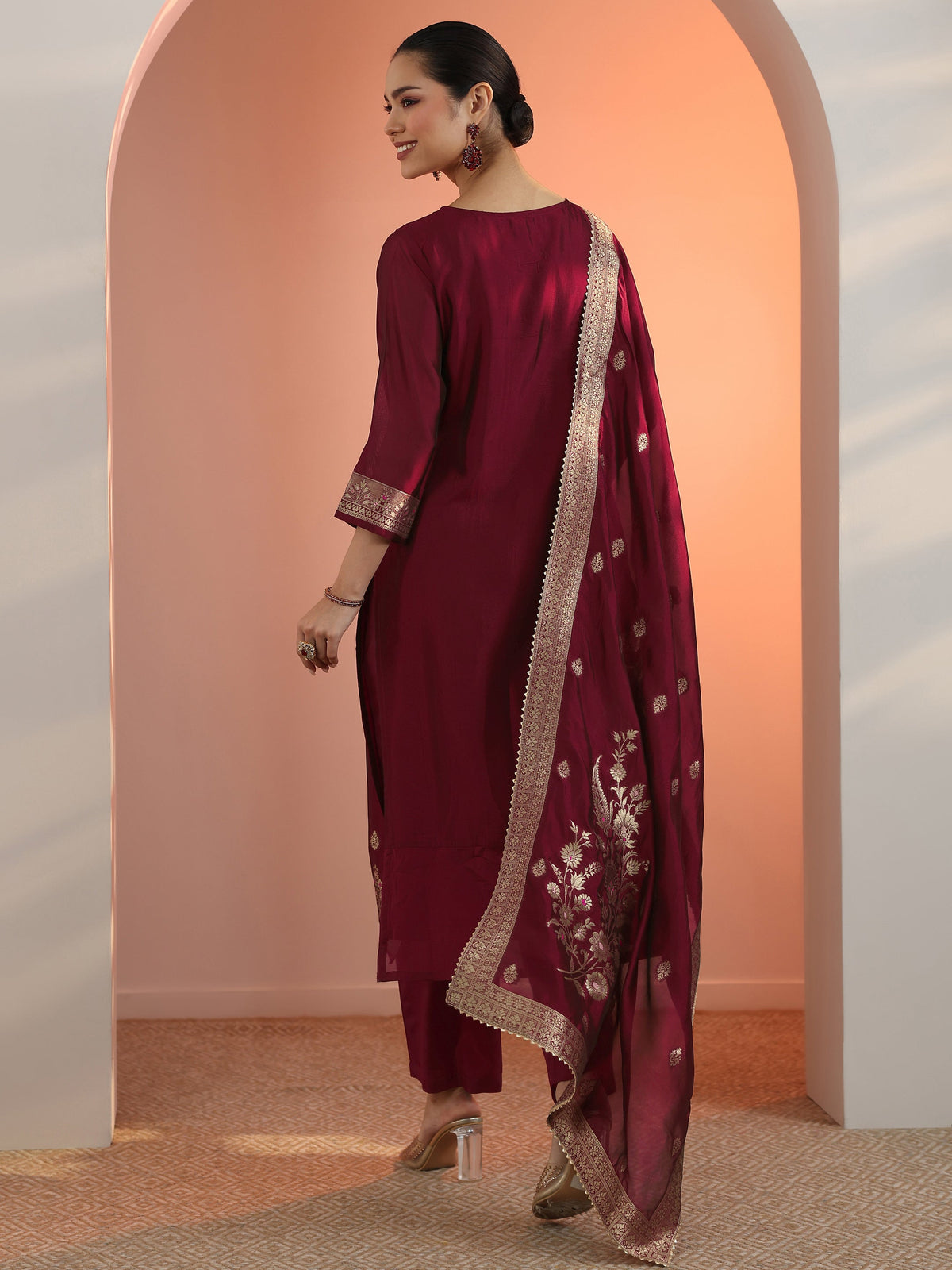 Libas Maroon Woven Design Silk Blend Straight Suit Set With Dupatta