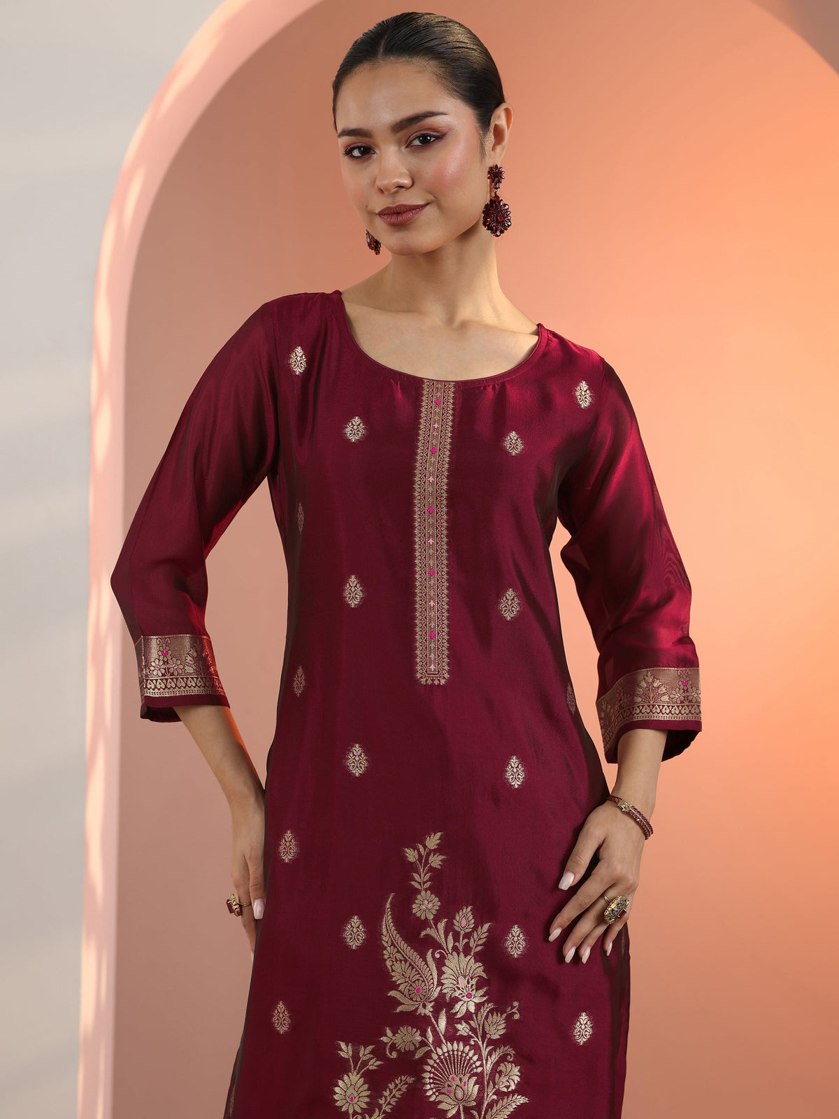 Libas Maroon Woven Design Silk Blend Straight Suit Set With Dupatta
