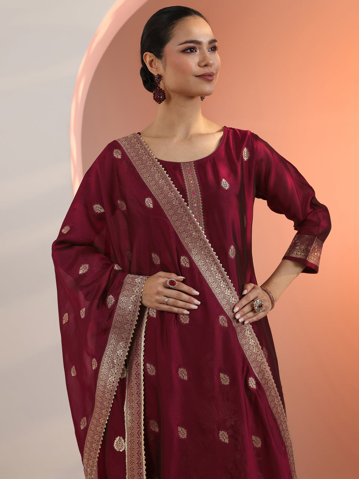 Libas Maroon Woven Design Silk Blend Straight Suit Set With Dupatta