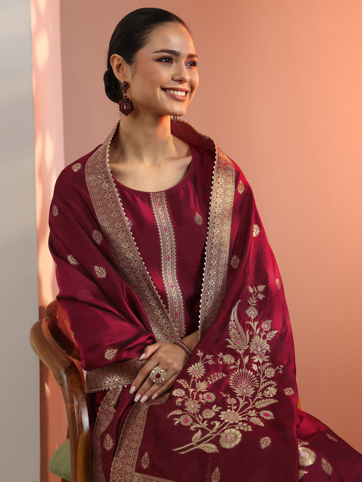 Libas Maroon Woven Design Silk Blend Straight Suit Set With Dupatta