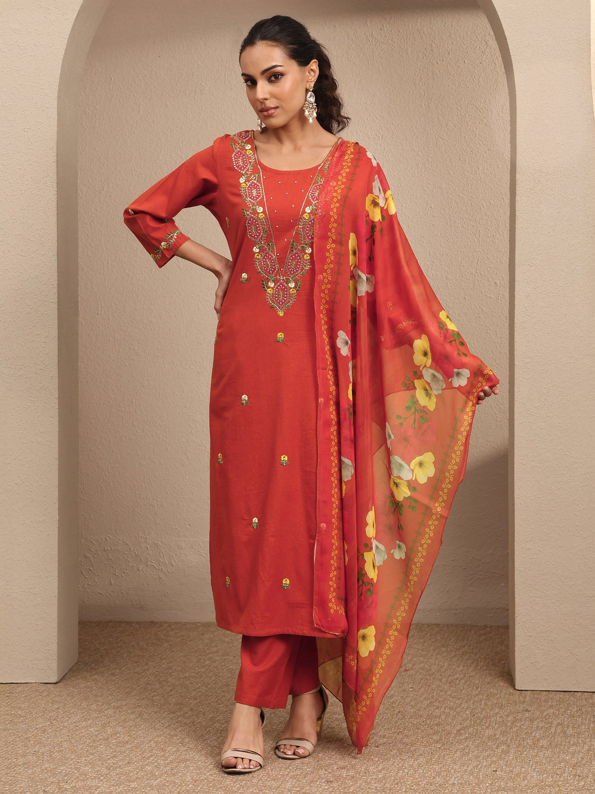 Libas Orange Embroidered Cotton Straight Suit Set With Dupatta