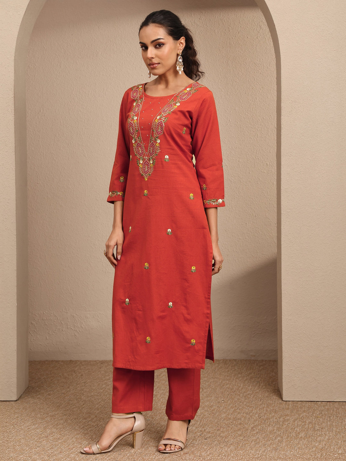 Libas Orange Embroidered Cotton Straight Suit Set With Dupatta