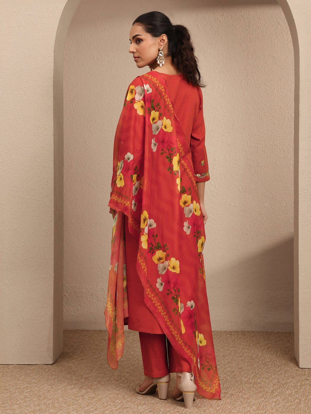 Libas Orange Embroidered Cotton Straight Suit Set With Dupatta