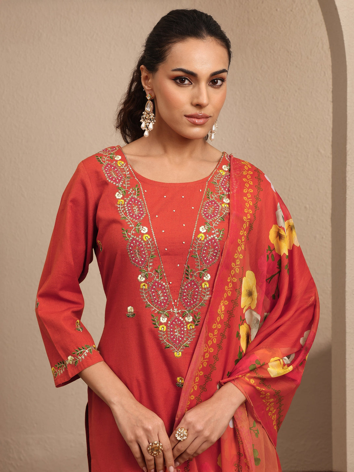 Libas Orange Embroidered Cotton Straight Suit Set With Dupatta