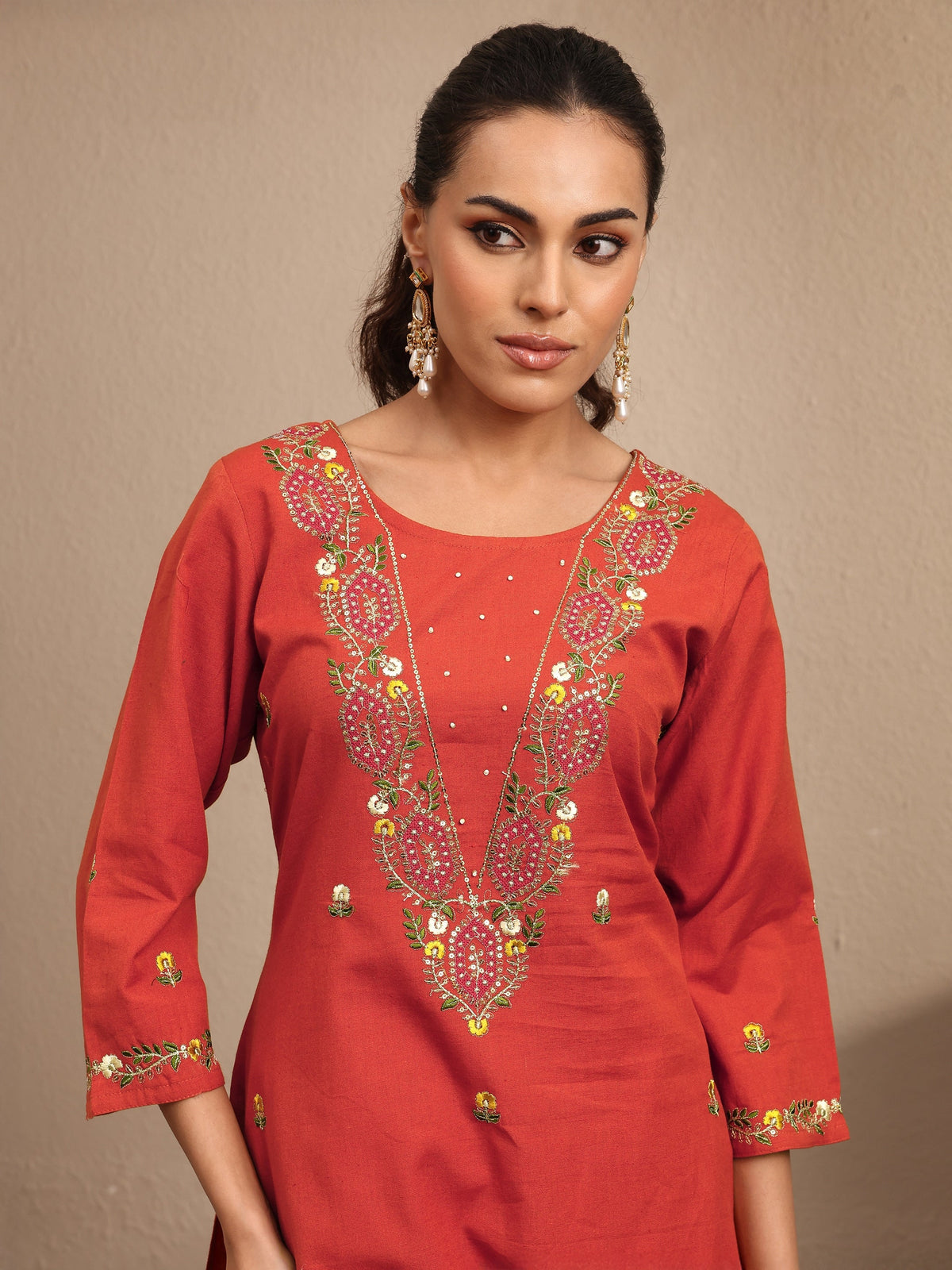 Libas Orange Embroidered Cotton Straight Suit Set With Dupatta