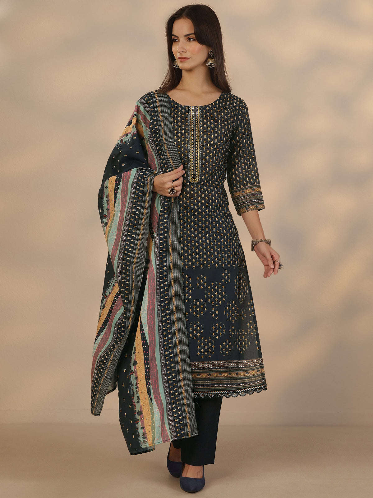 Libas Navy Blue Printed Cotton Straight Suit Set With Dupatta