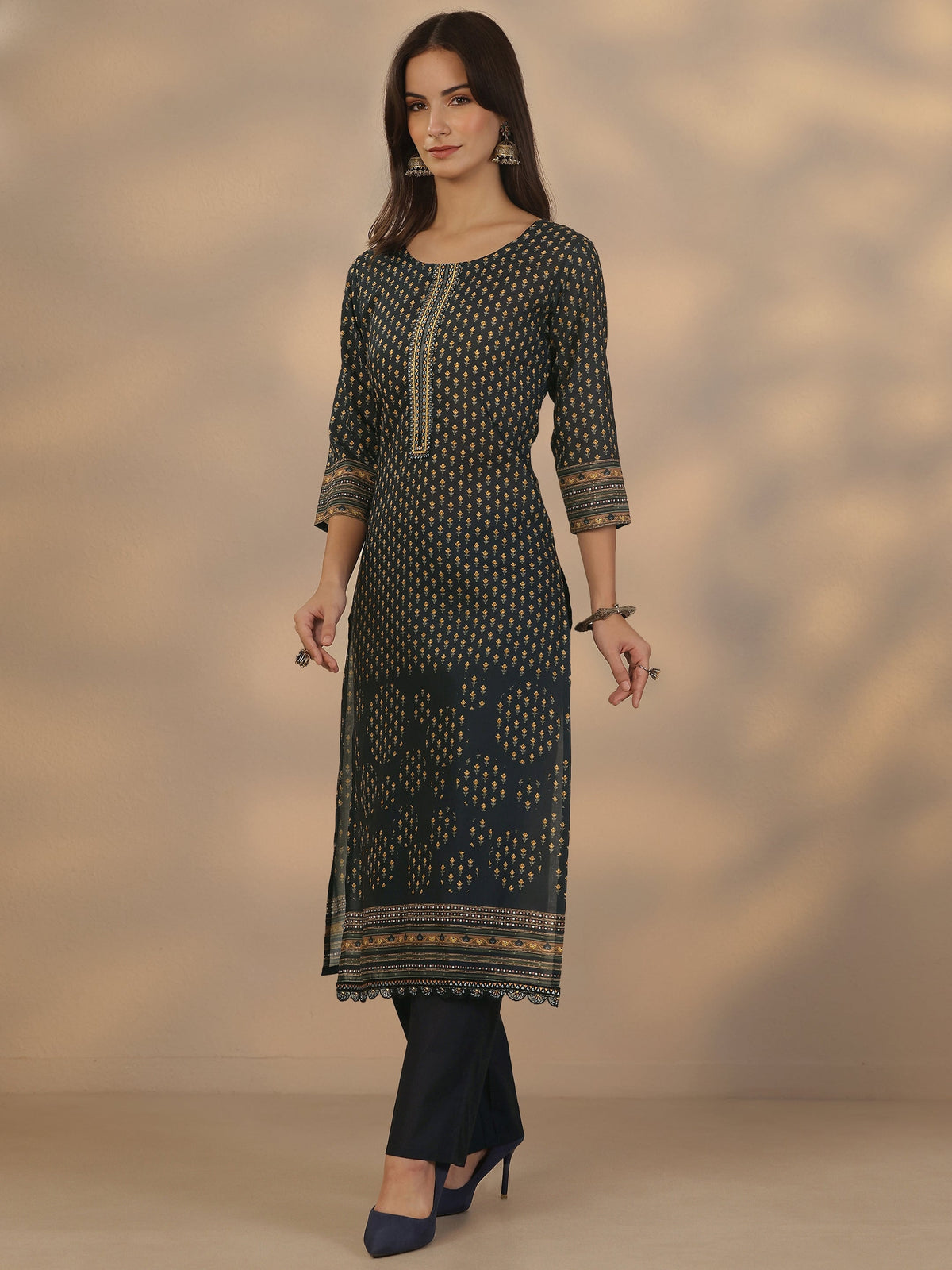 Libas Navy Blue Printed Cotton Straight Suit Set With Dupatta