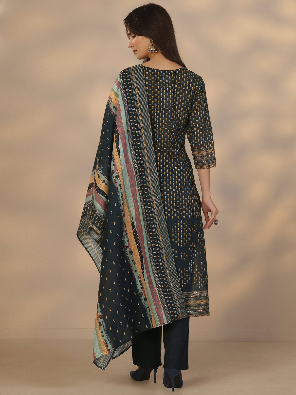 Libas Navy Blue Printed Cotton Straight Suit Set With Dupatta