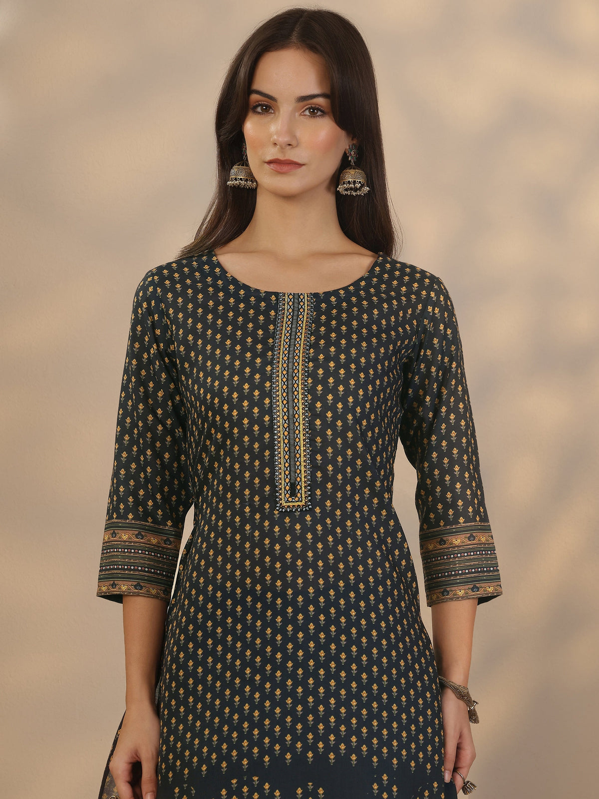 Libas Navy Blue Printed Cotton Straight Suit Set With Dupatta