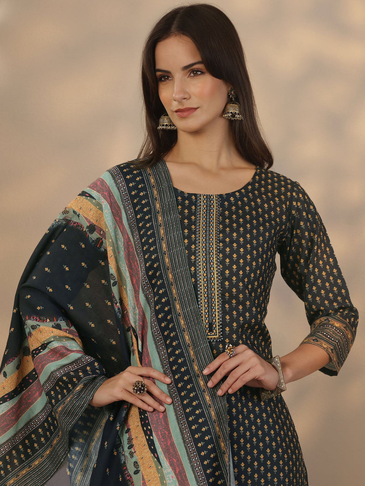 Libas Navy Blue Printed Cotton Straight Suit Set With Dupatta