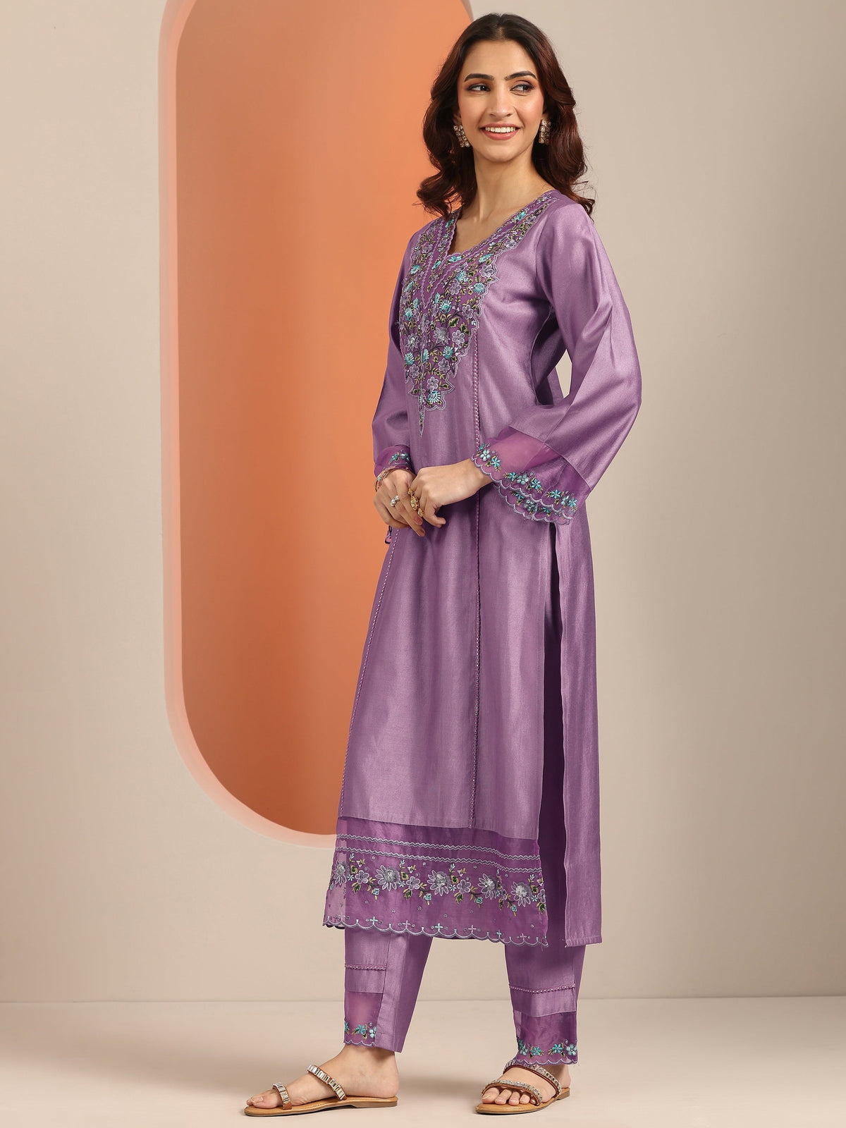 Libas Mauve Embroidered Silk Blend Straight Suit Set With Dupatta