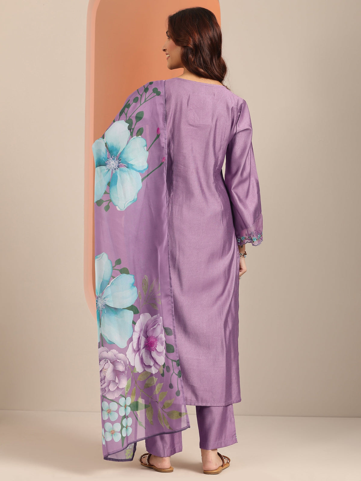 Libas Mauve Embroidered Silk Blend Straight Suit Set With Dupatta