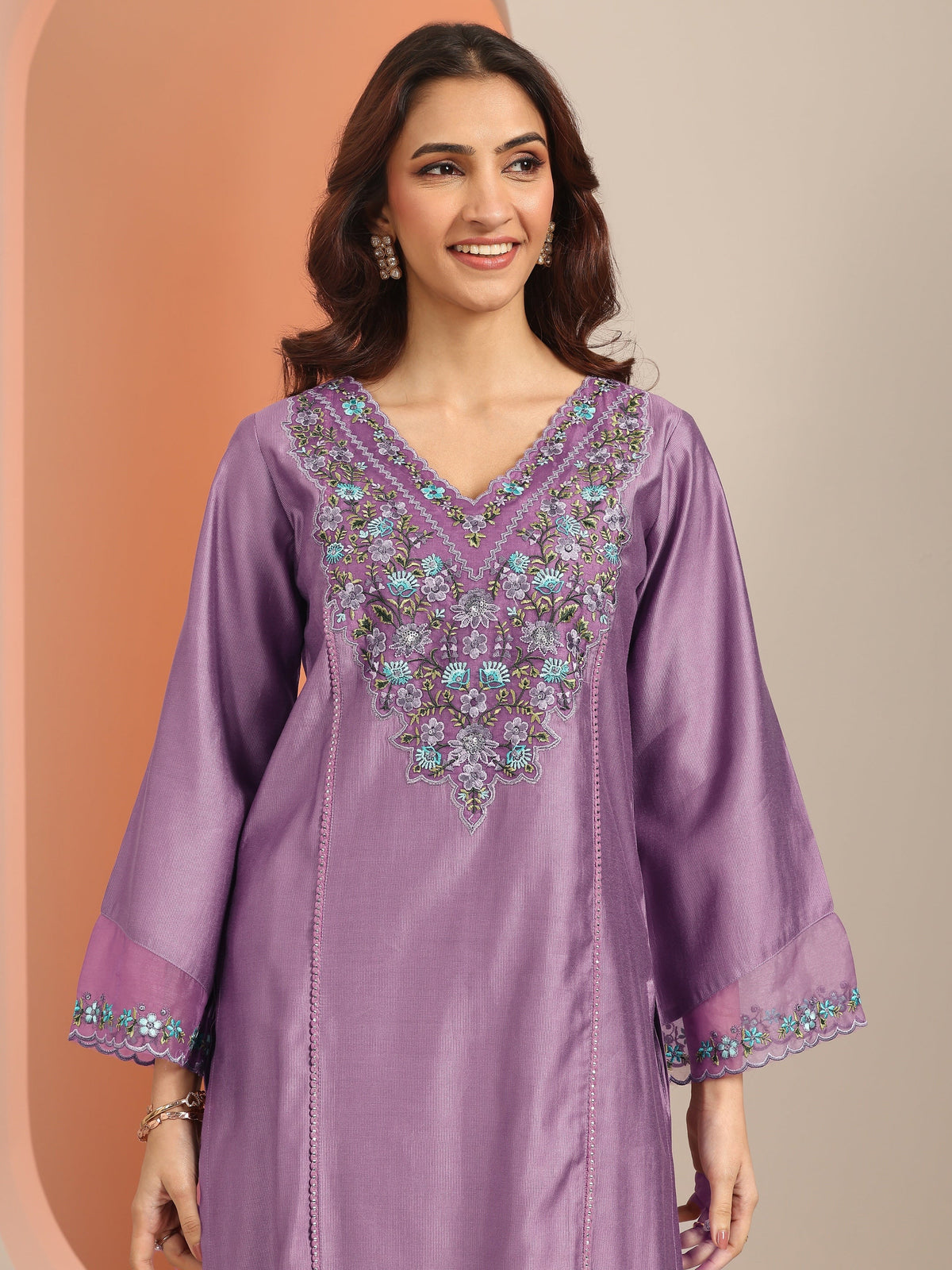 Libas Mauve Embroidered Silk Blend Straight Suit Set With Dupatta