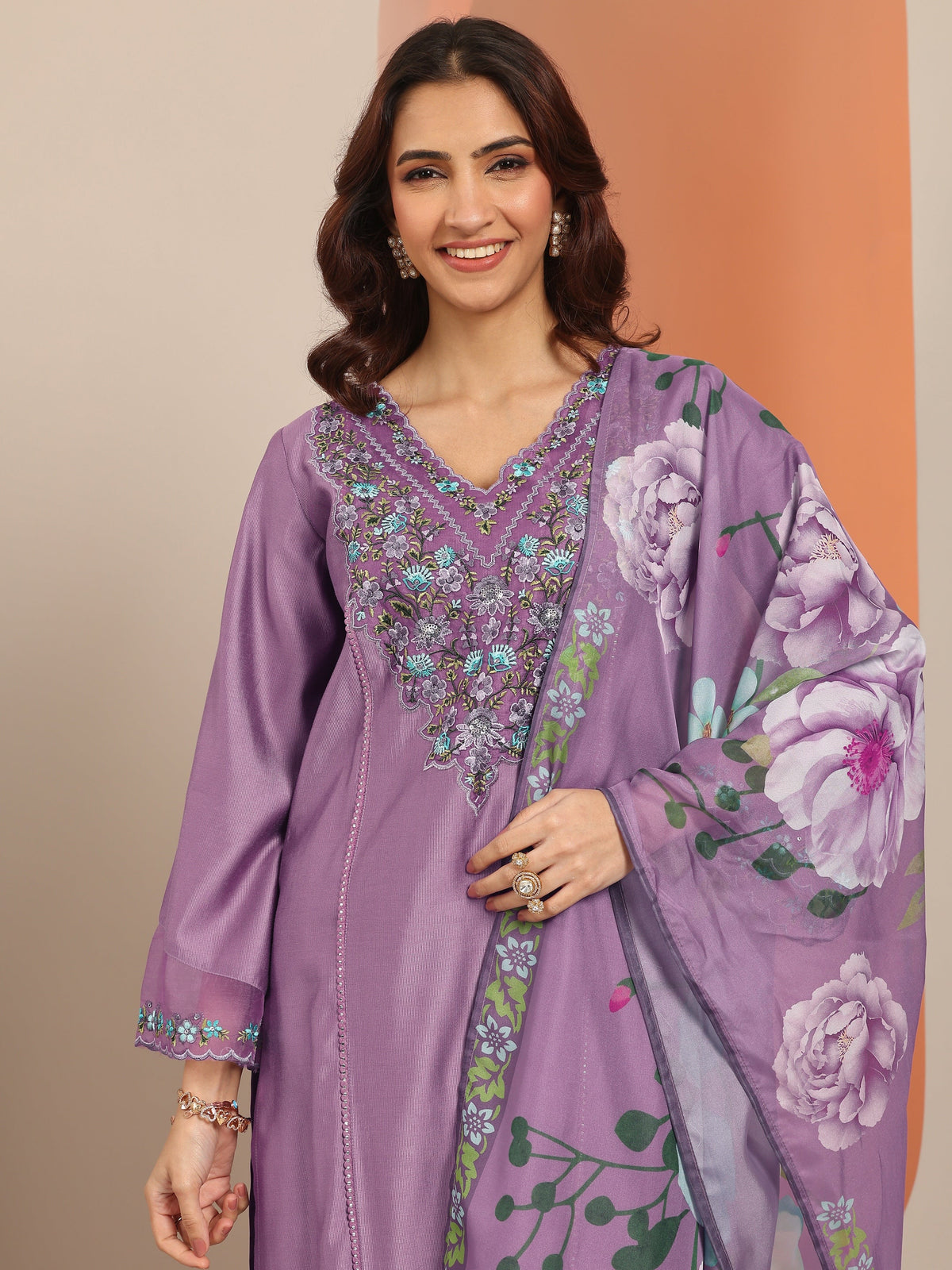 Libas Mauve Embroidered Silk Blend Straight Suit Set With Dupatta