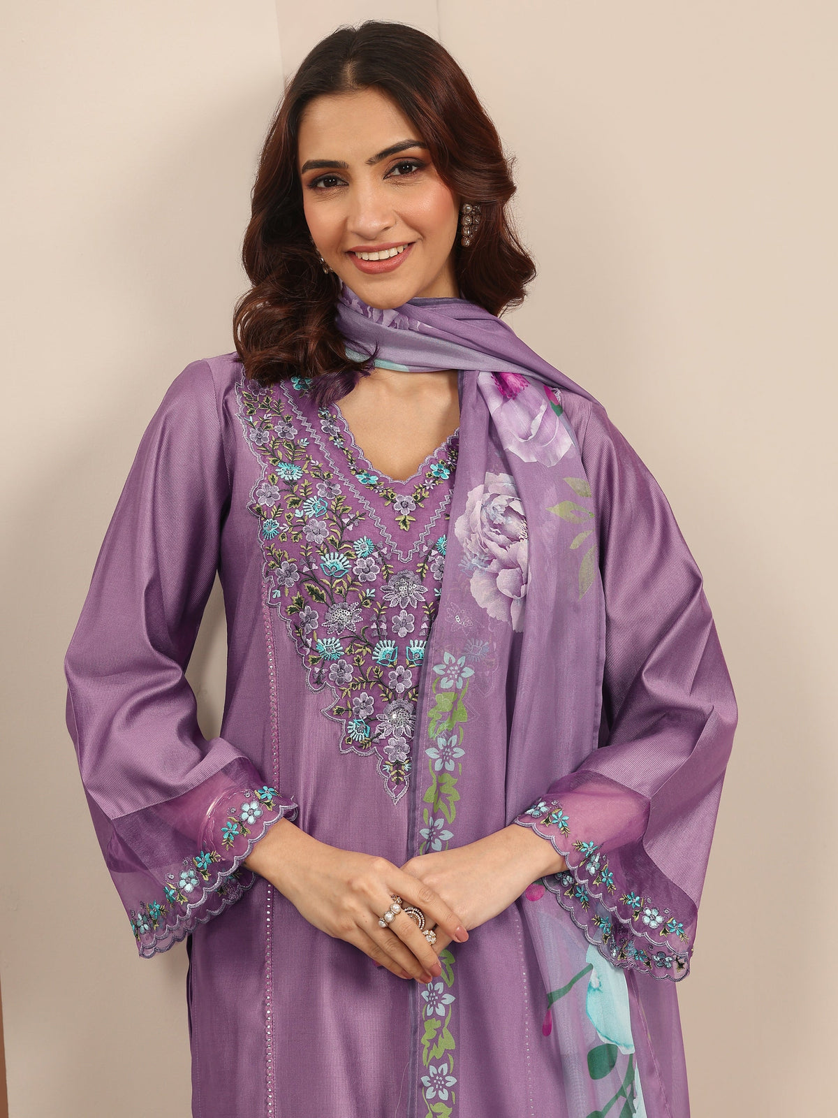 Libas Mauve Embroidered Silk Blend Straight Suit Set With Dupatta