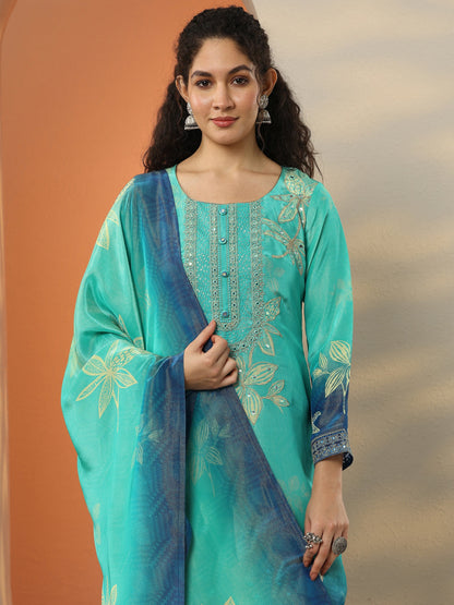 Libas Blue Embroidered Crepe Straight Suit Set With Dupatta