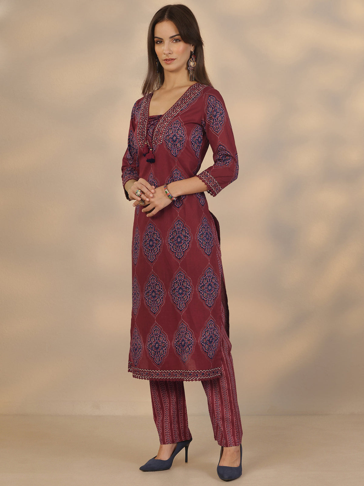 Libas Maroon Printed Cotton Straight Suit Set With Dupatta