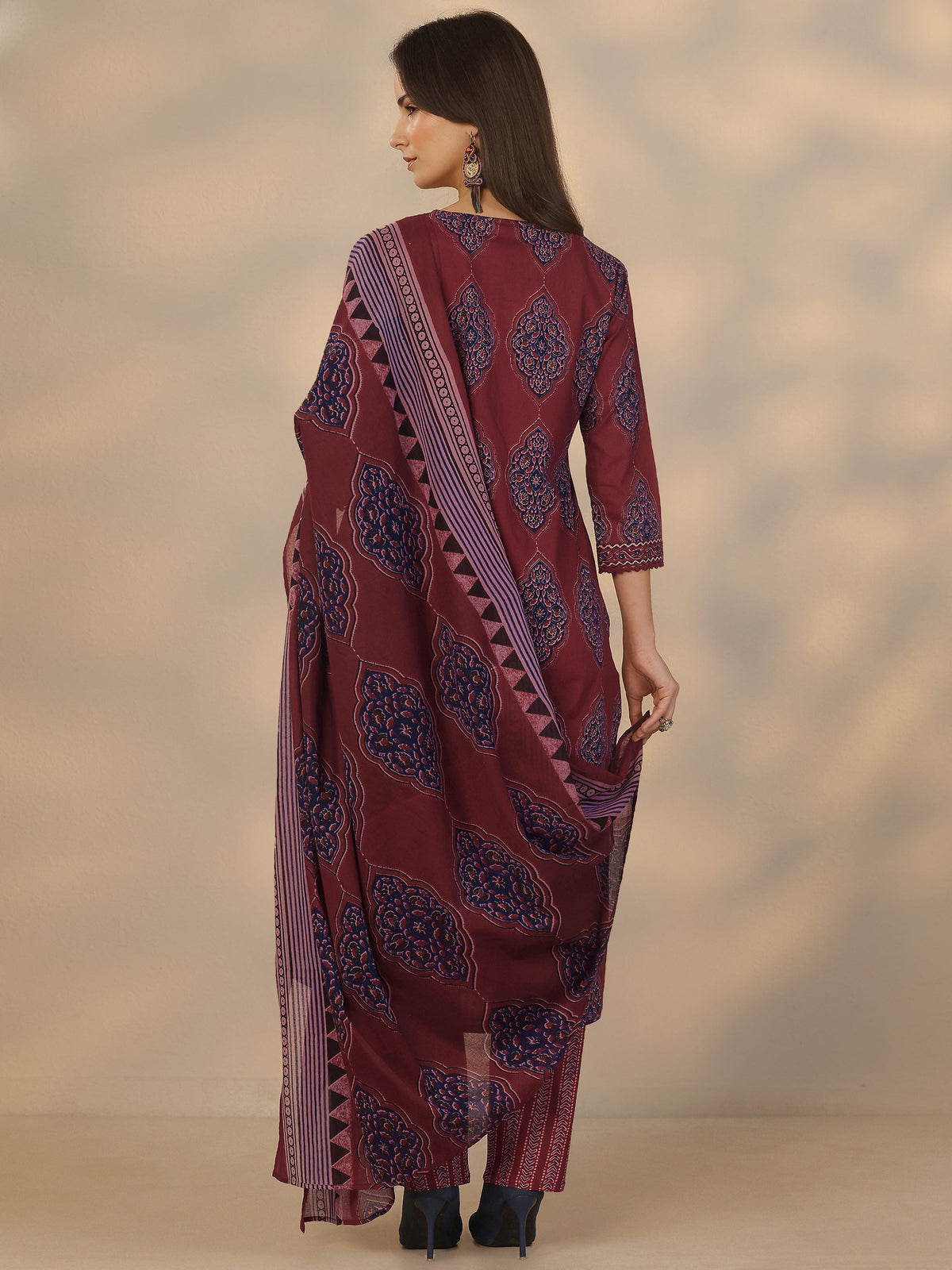 Libas Maroon Printed Cotton Straight Suit Set With Dupatta