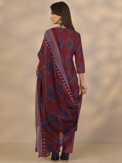 Libas Maroon Printed Cotton Straight Suit Set With Dupatta
