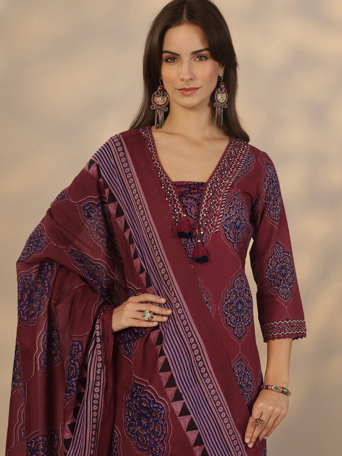 Libas Maroon Printed Cotton Straight Suit Set With Dupatta