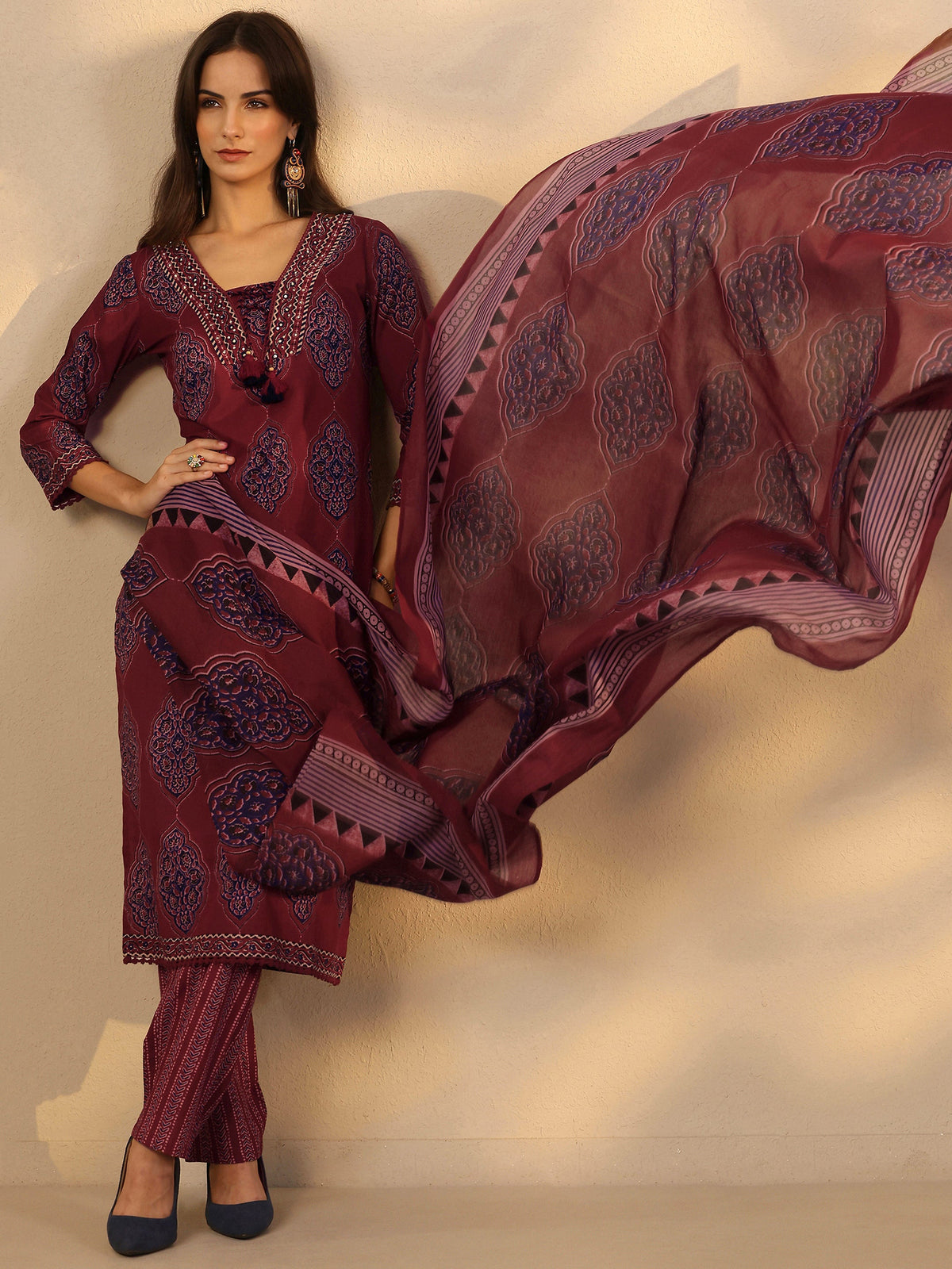 Libas Maroon Printed Cotton Straight Suit Set With Dupatta