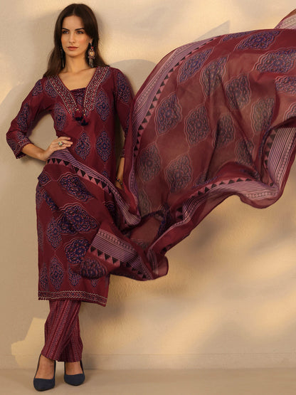 Libas Maroon Printed Cotton Straight Suit Set With Dupatta