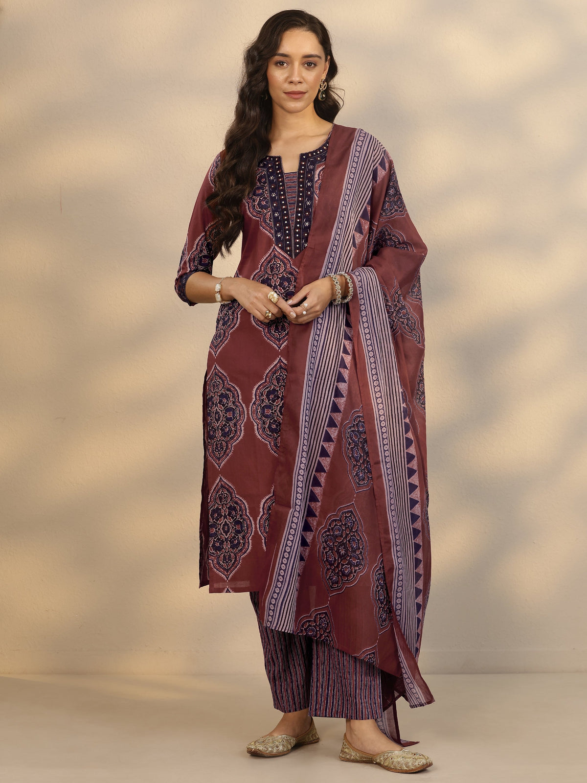 Libas Maroon Printed Cotton Straight Suit Set With Dupatta