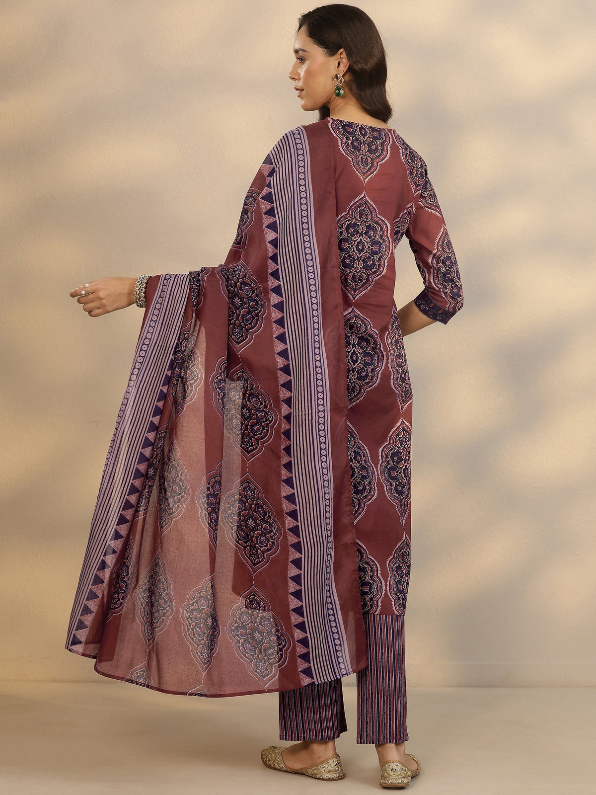 Libas Maroon Printed Cotton Straight Suit Set With Dupatta