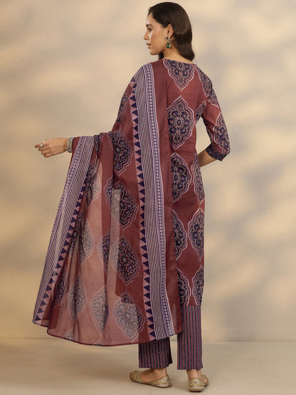 Libas Maroon Printed Cotton Straight Suit Set With Dupatta