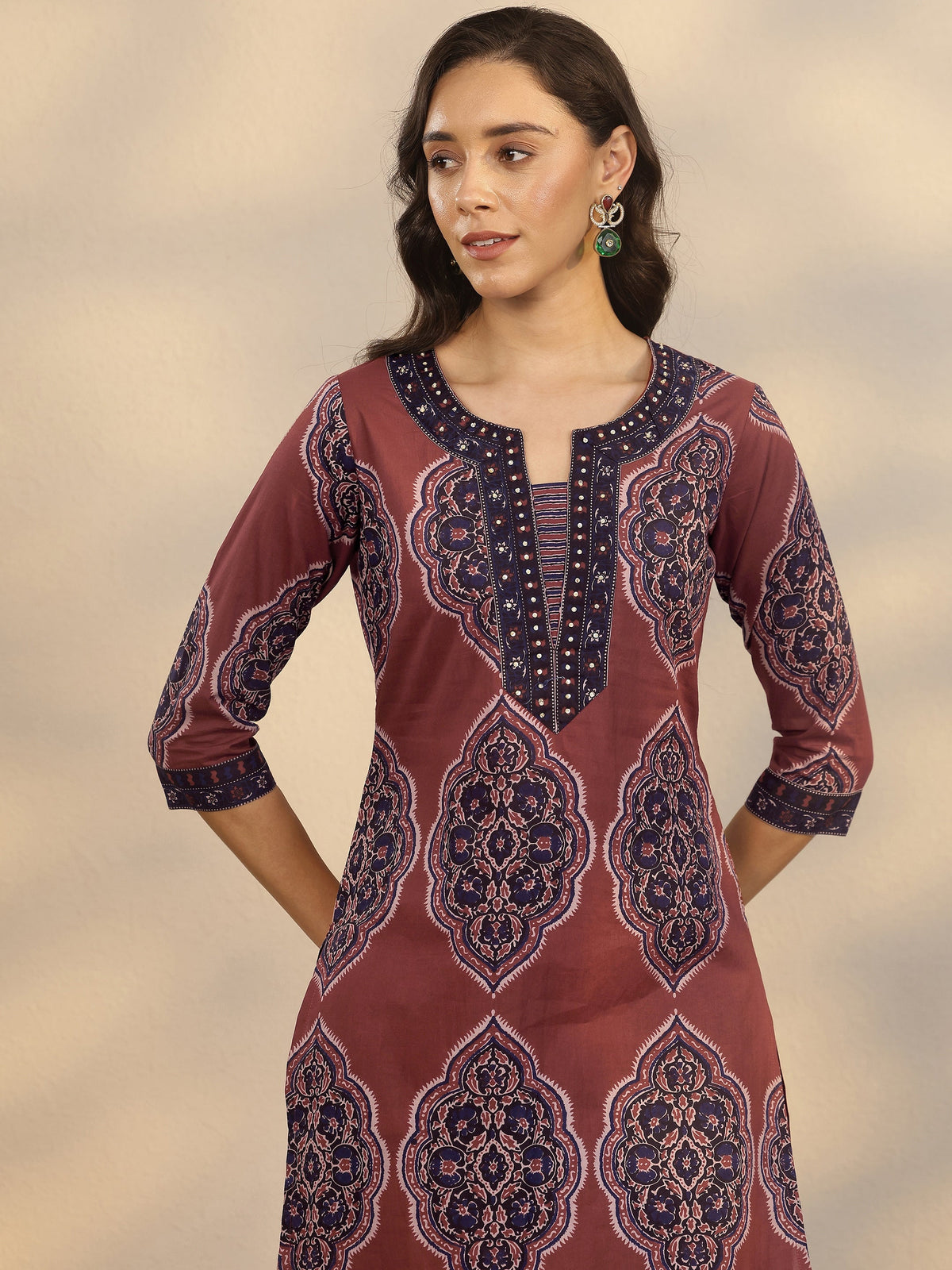 Libas Maroon Printed Cotton Straight Suit Set With Dupatta