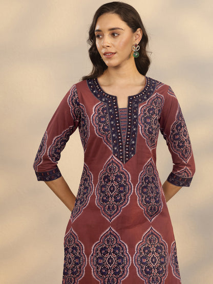 Libas Maroon Printed Cotton Straight Suit Set With Dupatta