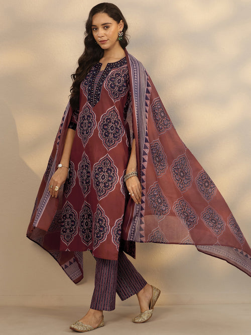 Libas Maroon Printed Cotton Straight Suit Set With Dupatta