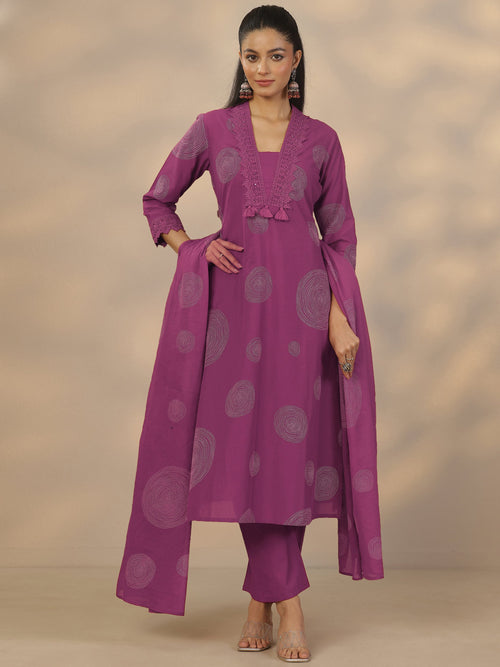 Libas Mauve Printed Cotton Anarkali Suit Set With Dupatta