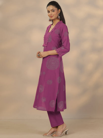 Libas Mauve Printed Cotton Anarkali Suit Set With Dupatta