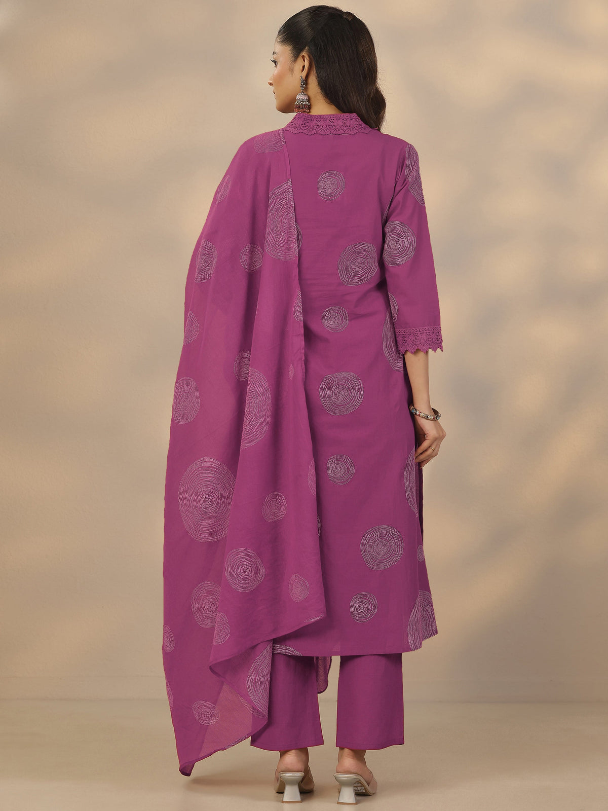 Libas Mauve Printed Cotton Anarkali Suit Set With Dupatta