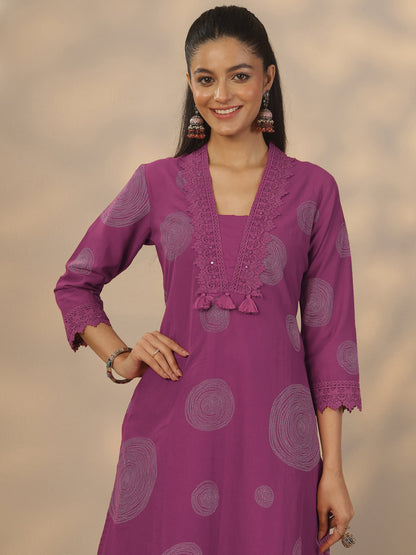 Libas Mauve Printed Cotton Anarkali Suit Set With Dupatta