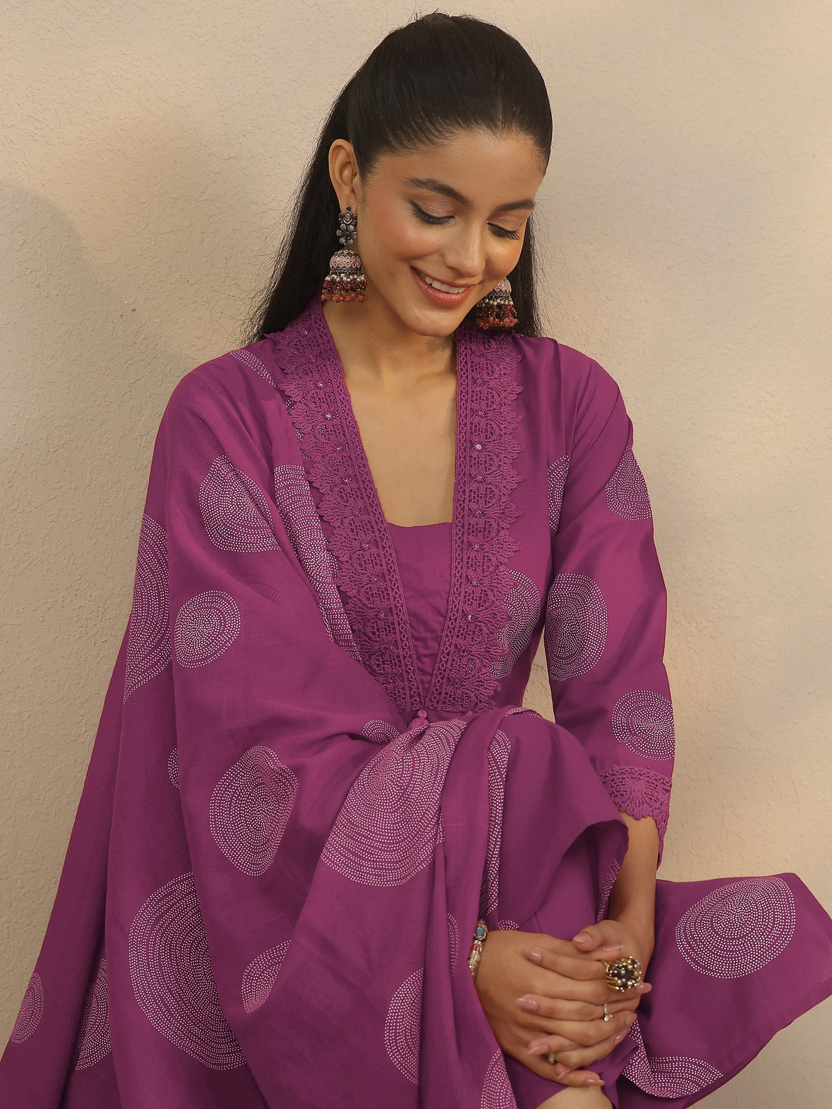 Libas Mauve Printed Cotton Anarkali Suit Set With Dupatta