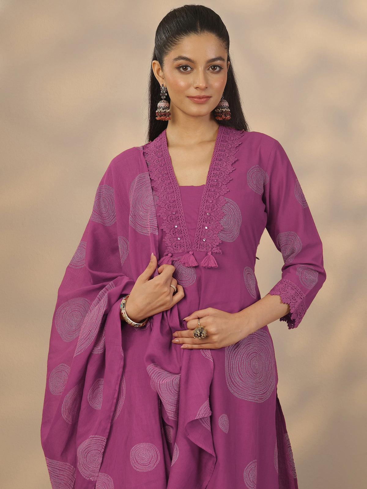 Libas Mauve Printed Cotton Anarkali Suit Set With Dupatta