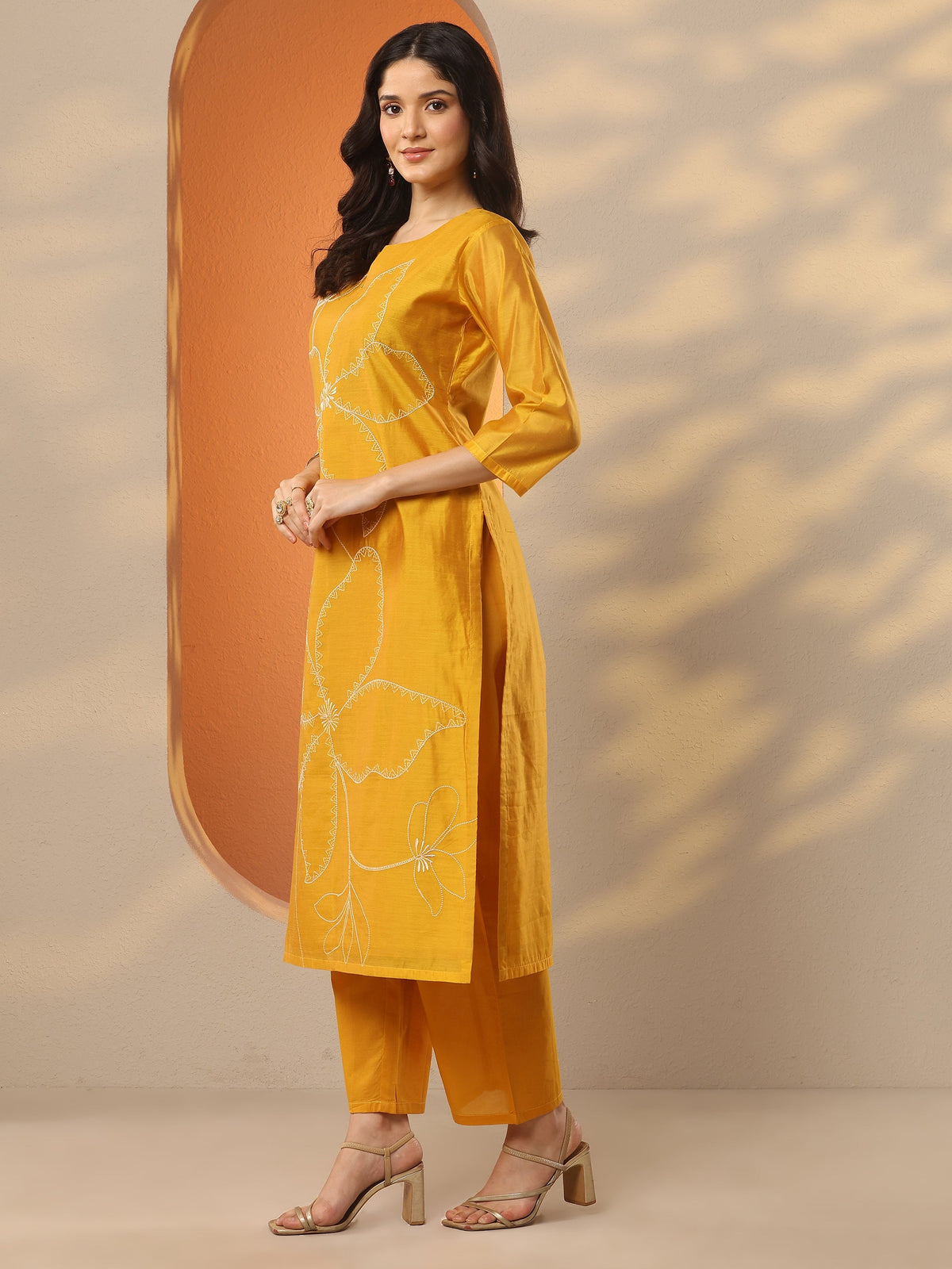 Libas Mustard Embroidered Silk Blend Straight Suit Set With Dupatta