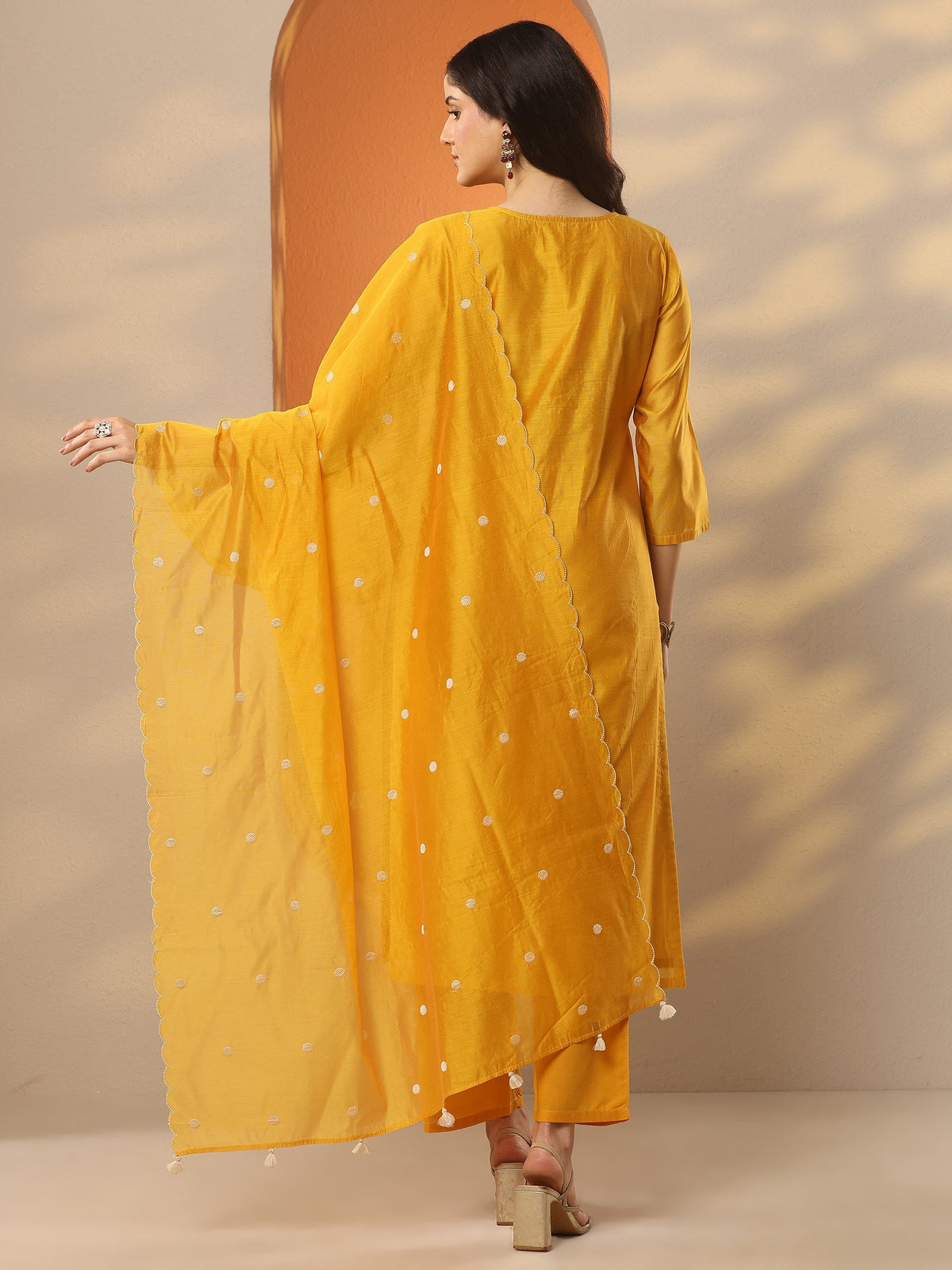 Libas Mustard Embroidered Silk Blend Straight Suit Set With Dupatta
