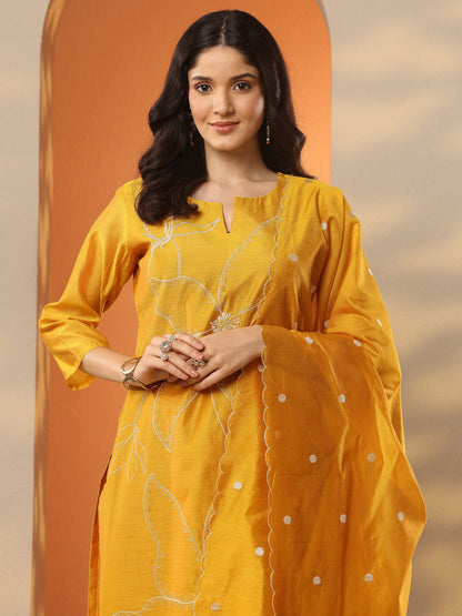 Libas Mustard Embroidered Silk Blend Straight Suit Set With Dupatta