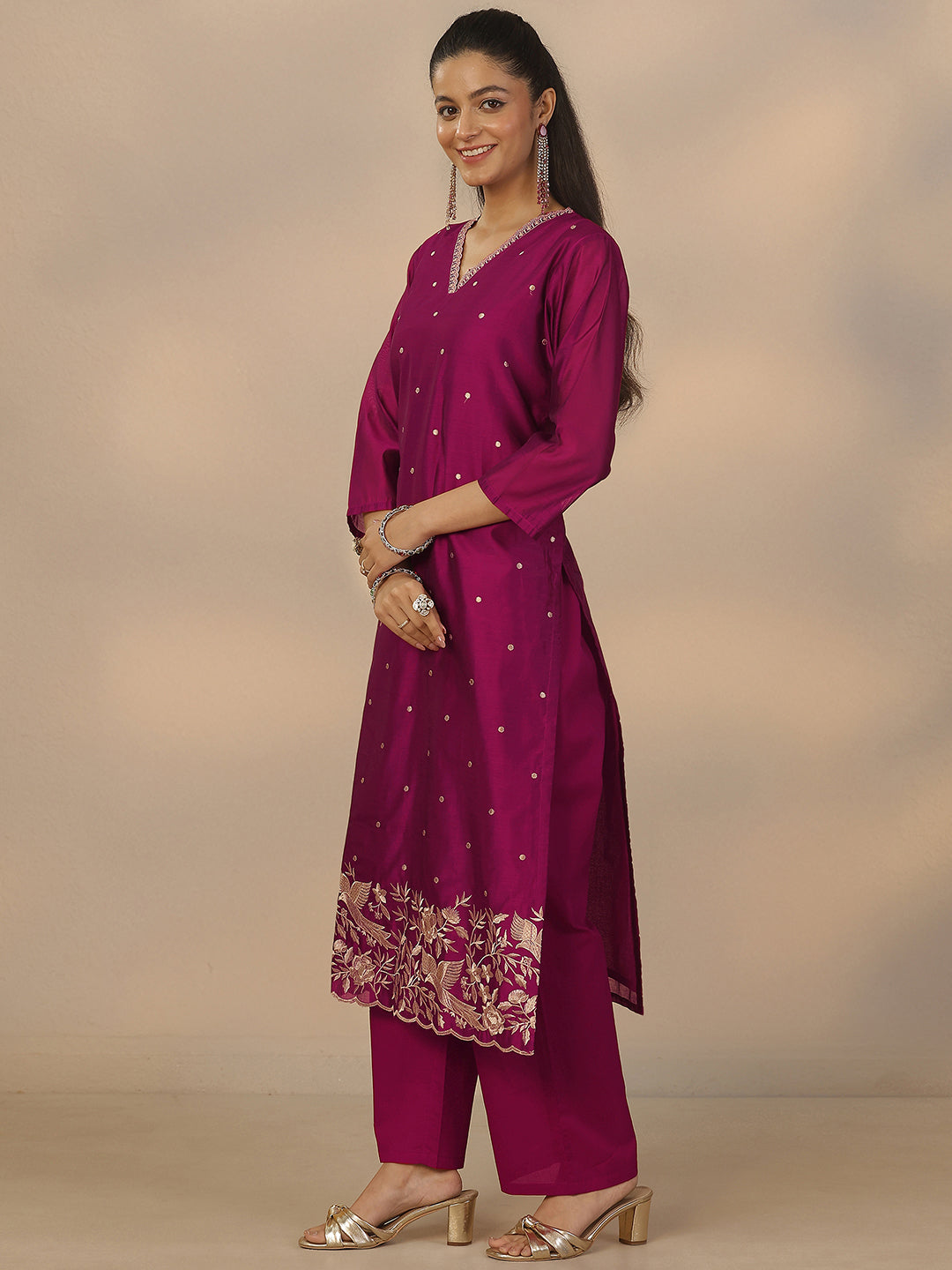 Libas Magenta Embroidered Silk Blend Straight Suit Set With Dupatta