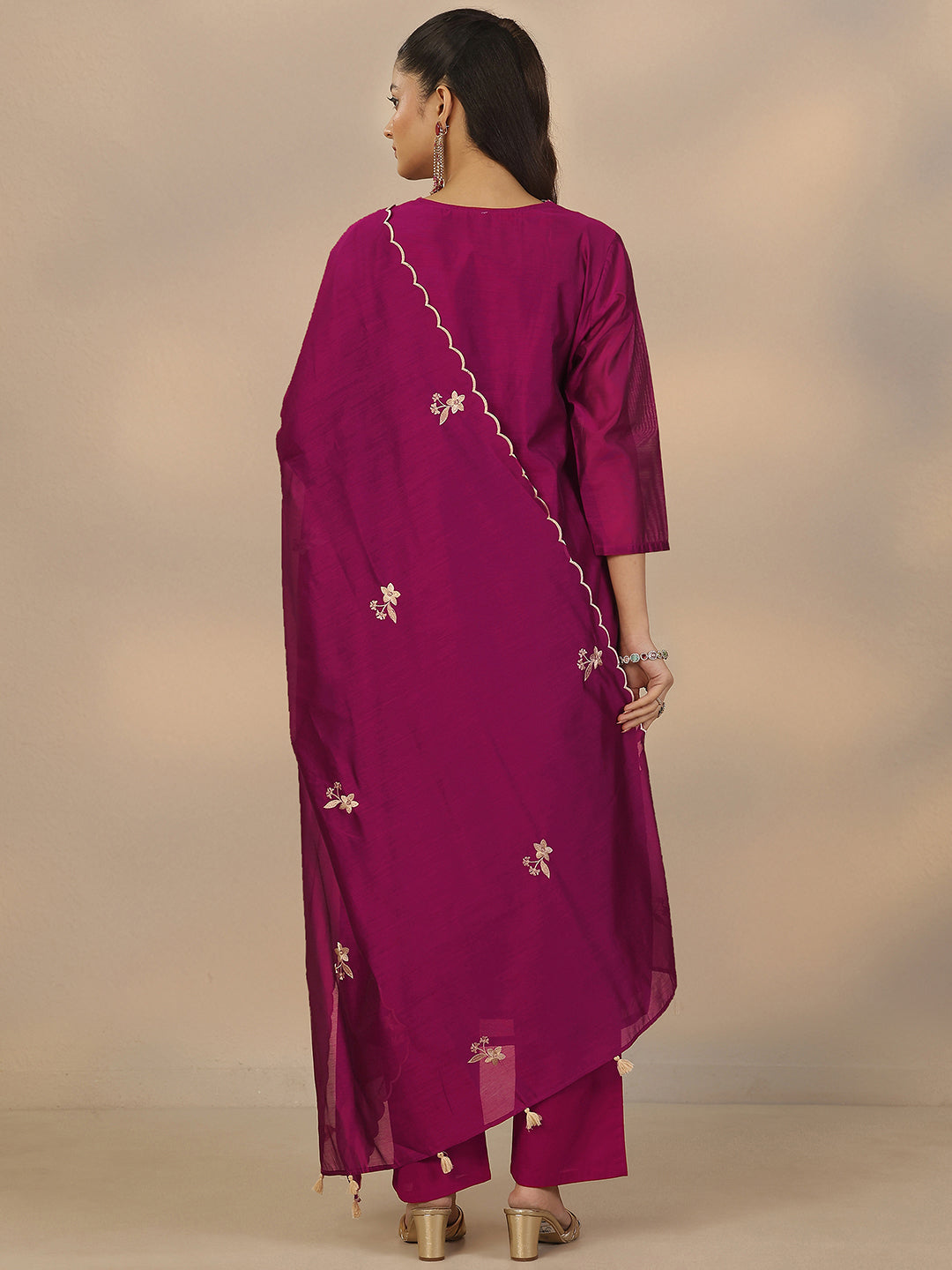 Libas Magenta Embroidered Silk Blend Straight Suit Set With Dupatta