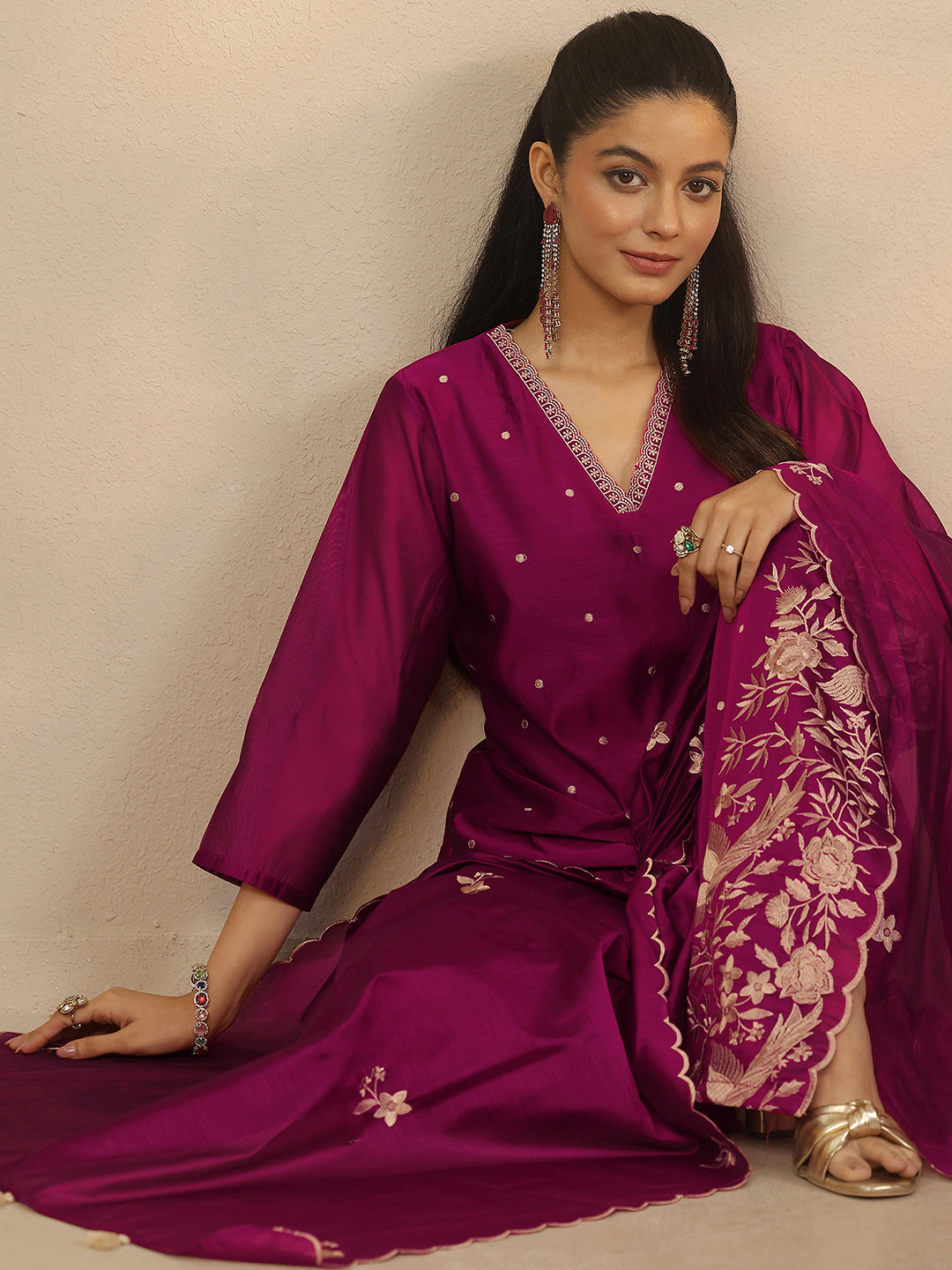 Libas Magenta Embroidered Silk Blend Straight Suit Set With Dupatta