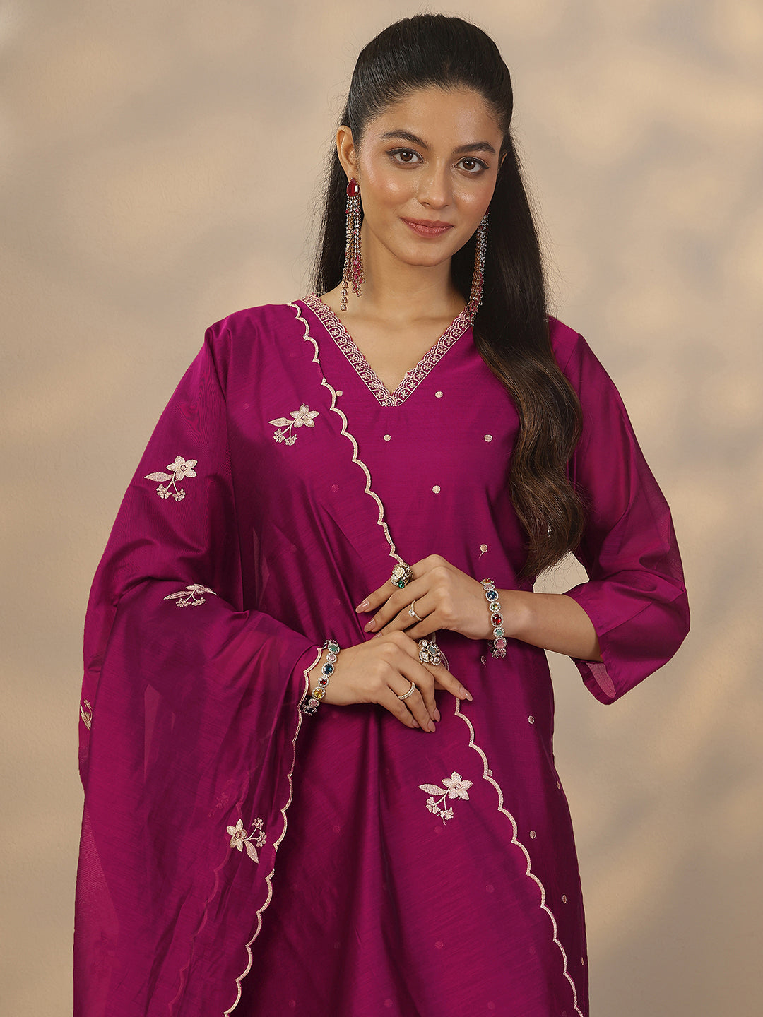 Libas Magenta Embroidered Silk Blend Straight Suit Set With Dupatta