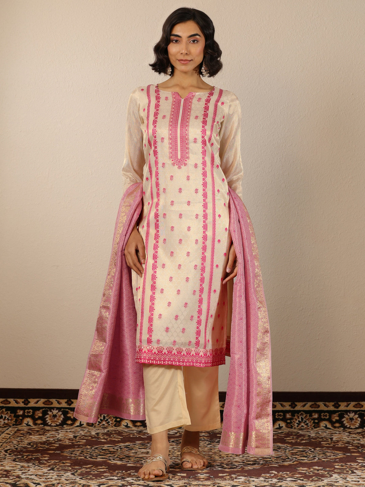 Libas Off White Woven Design Silk Blend Straight Suit Set With Dupatta
