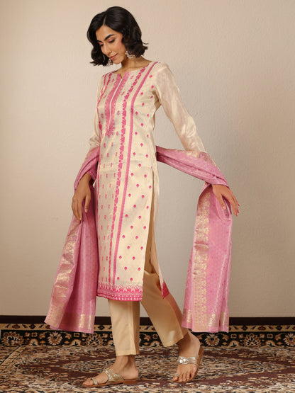 Libas Off White Woven Design Silk Blend Straight Suit Set With Dupatta