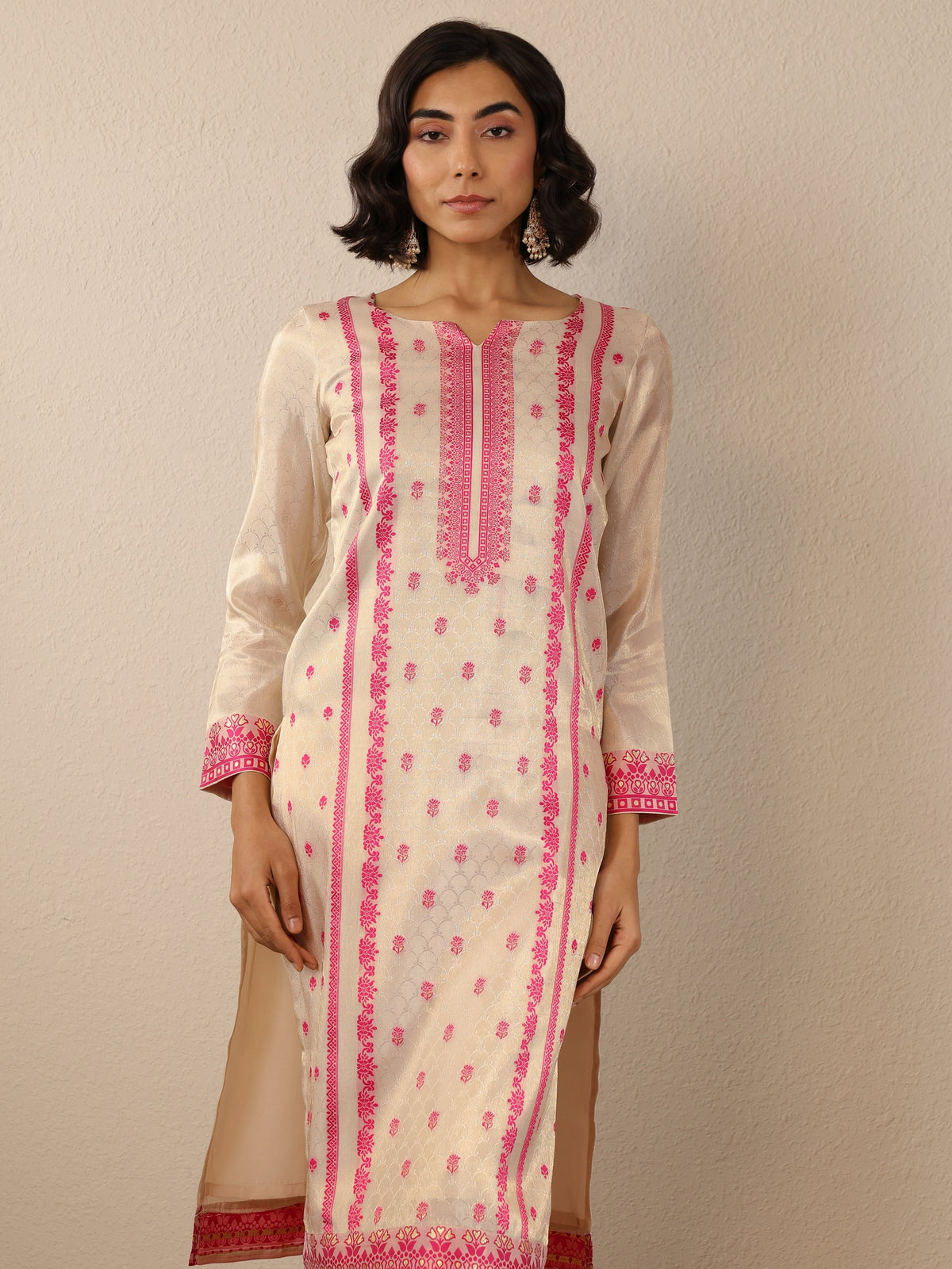 Libas Off White Woven Design Silk Blend Straight Suit Set With Dupatta